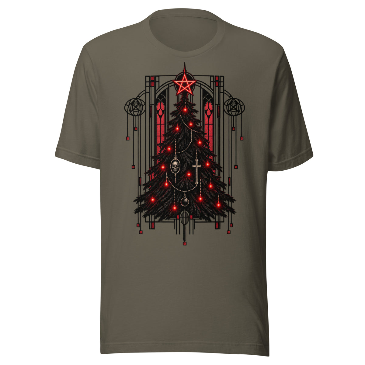 Horror Christmas Tree T-Shirt in Army, front view