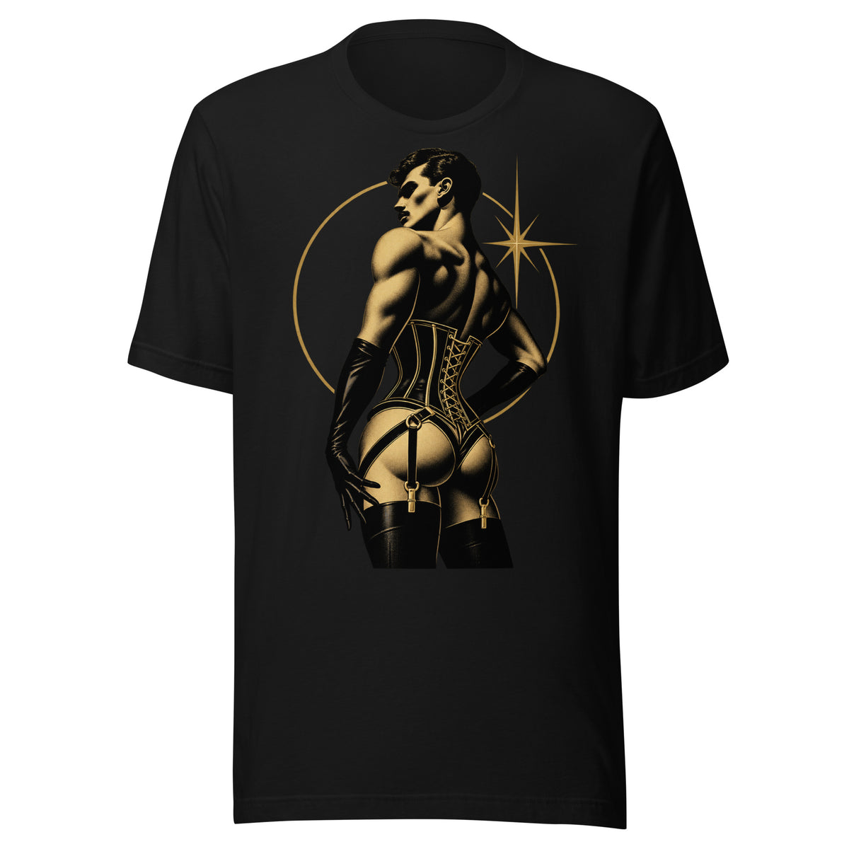 Black & Gold Corset T-Shirt in Black, front view