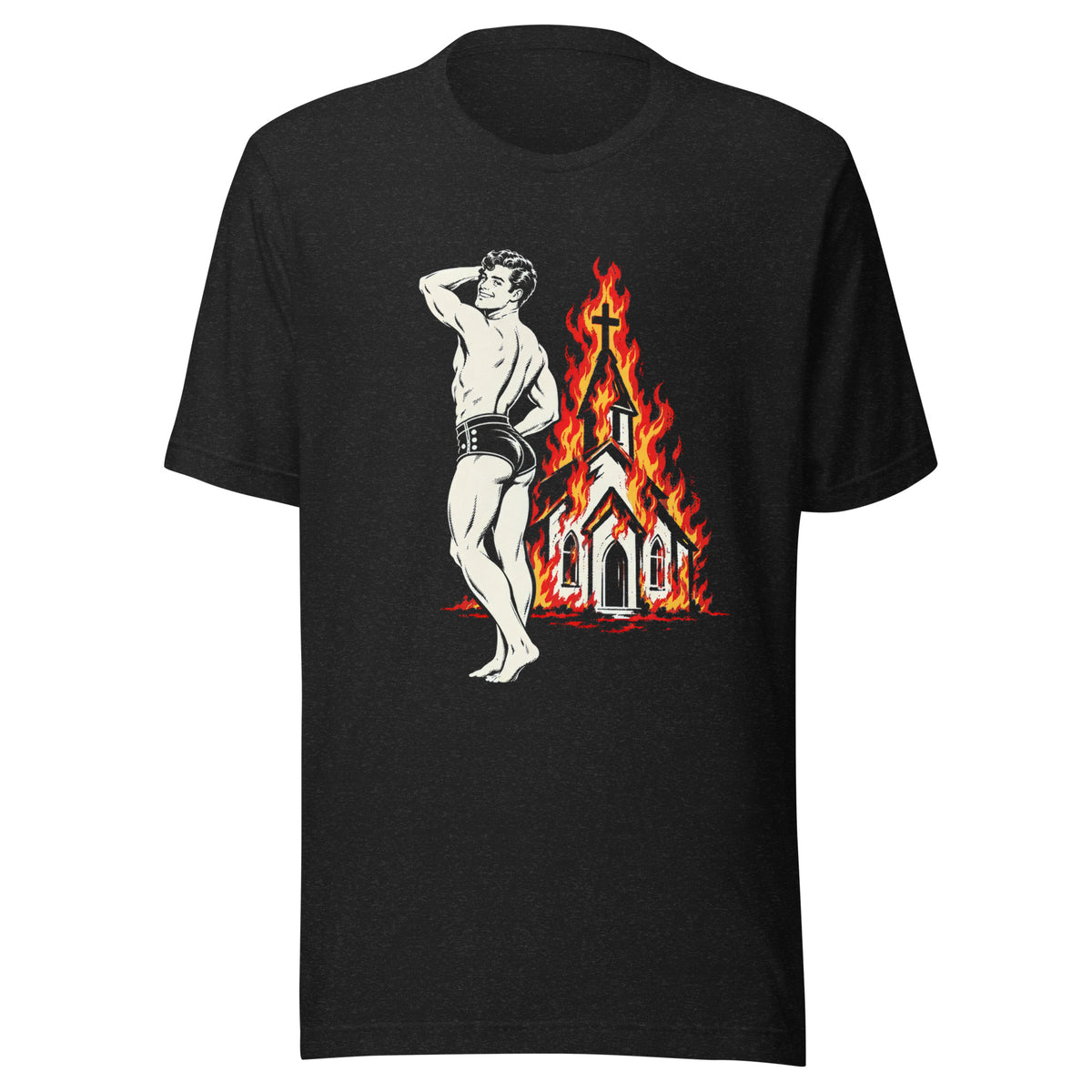 Burning Church T-Shirt in Black Heather, front view