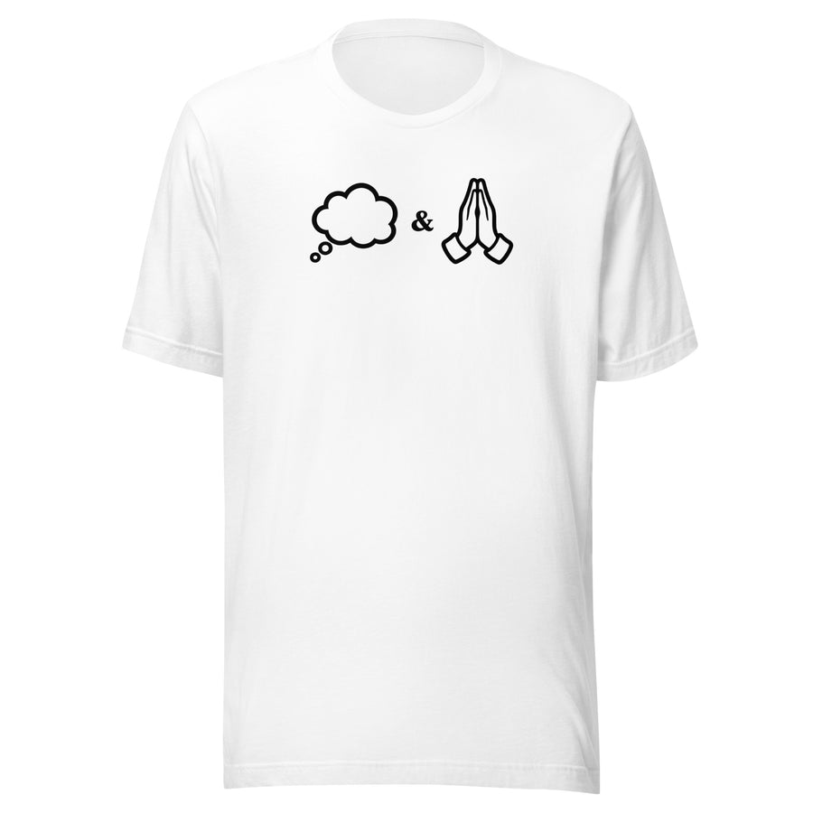 Front view of white Thoughts and Prayers T-shirt, with black thought bubble, small ampersand, and praying hands